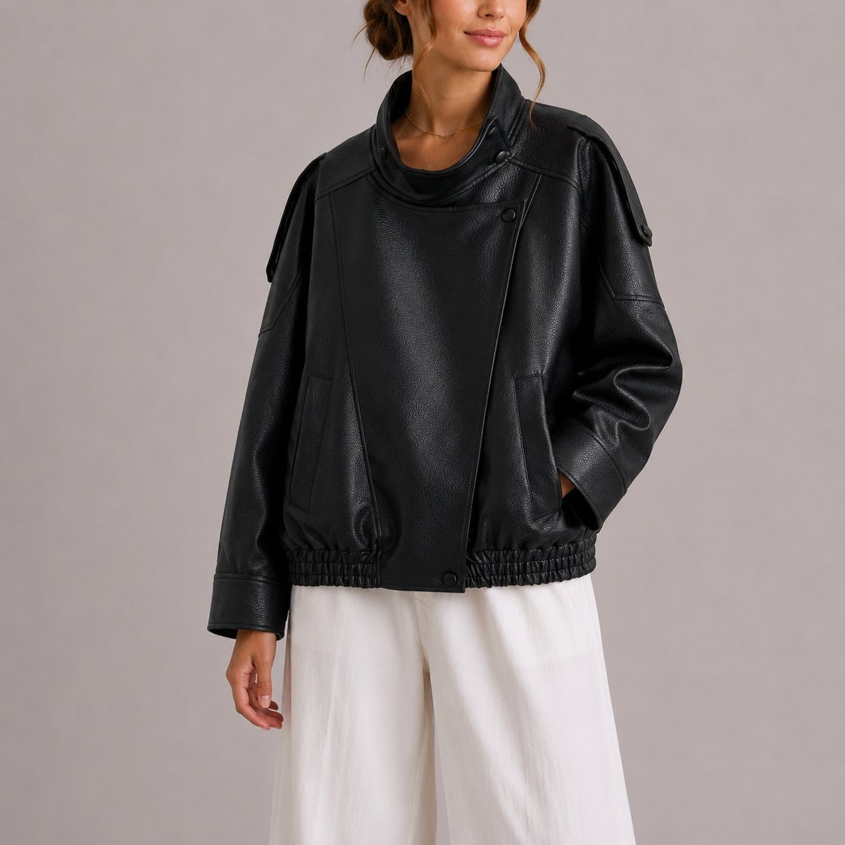 NOEMIE - HIGH COLLAR FAUX LEATHER BOMBER JACKET 3