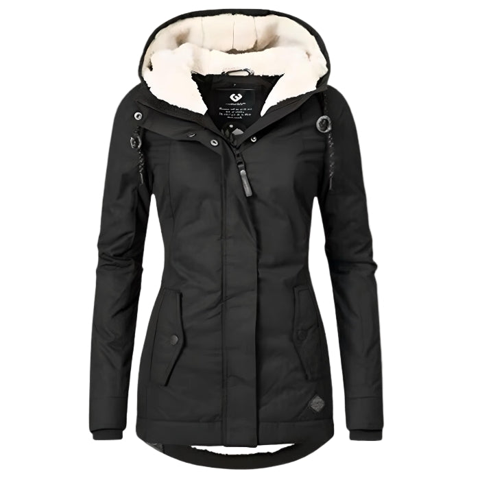 Manteau Océane long imperméable pour femme, coupe enveloppante et chaleur maintenue adaptée aux journées pluvieuses hivernales.