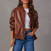 Women's Soft Faux Leather Bomber Jacket with Ribbed Trim
