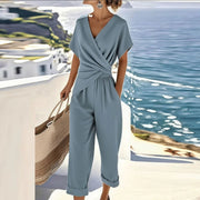 Wrap V-Neck Jumpsuit with Pockets Casual Wear Two Piece