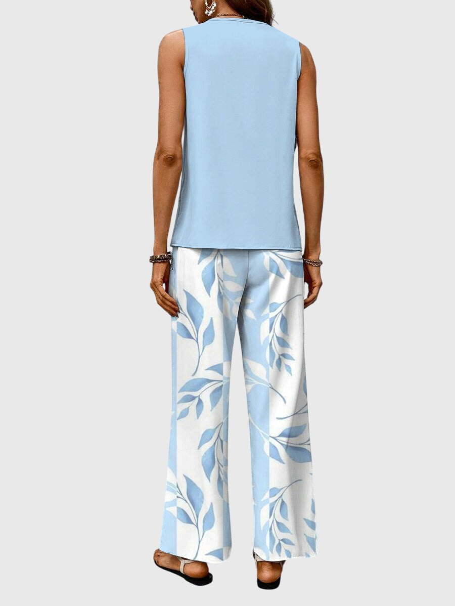 Sleeveless Blue Print Two-Piece Set Casual Wear Summer