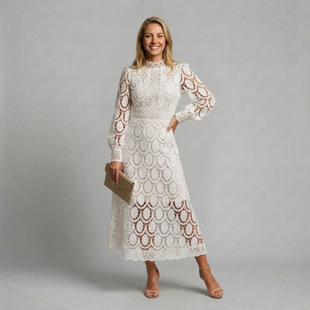 Midi Lace Dress with High Neckline
