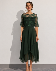 Flowy Lace Sleeve Midi Dress Bodice Wedding Guest