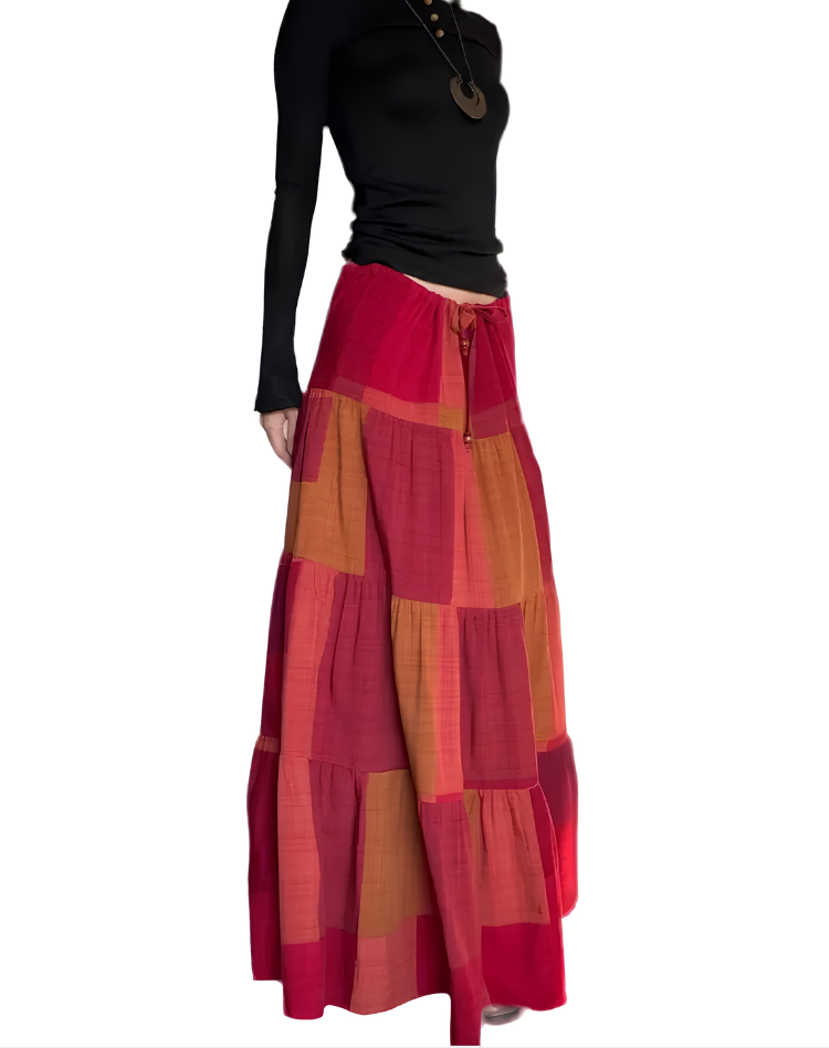 Pleated Multicolored Maxi Skirt Plaid Casual Wear