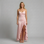 Satin Maxi Dress with Asymmetric Ruffle Hem