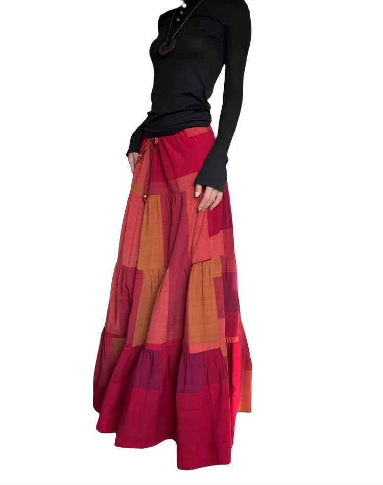 Pleated Multicolored Maxi Skirt Plaid Casual Wear