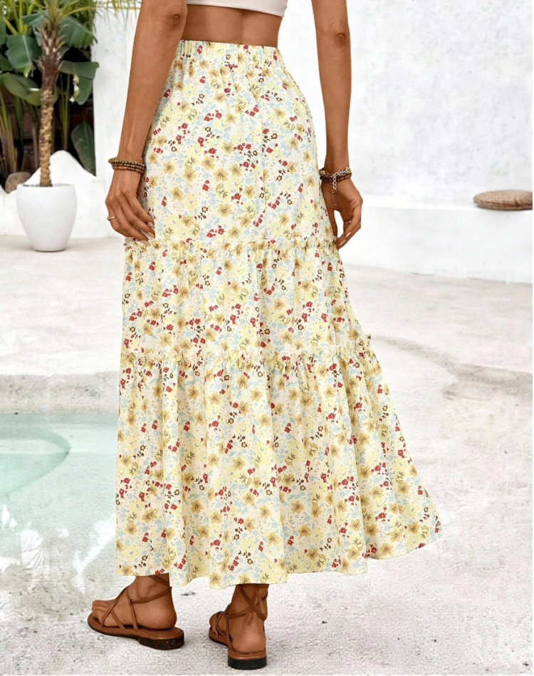 Airy High Waist Maxi Skirt Rayon Bohemian Casual Wear Tiered Ruffle Breathable Lightweight Summer
