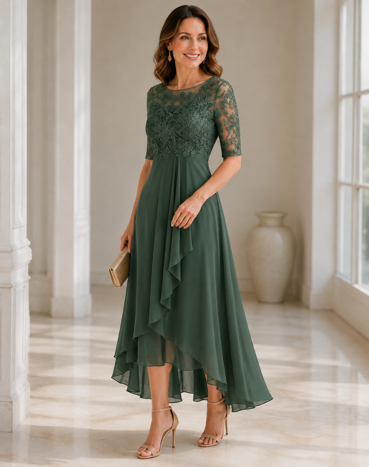 Flowy Lace Sleeve Midi Dress Bodice Wedding Guest