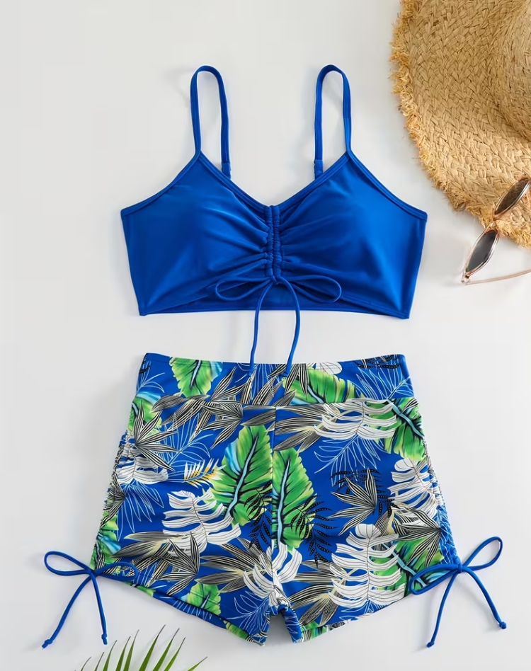 High-Waisted Floral Print Bikini Bohemian Style Beachwear Drawstring