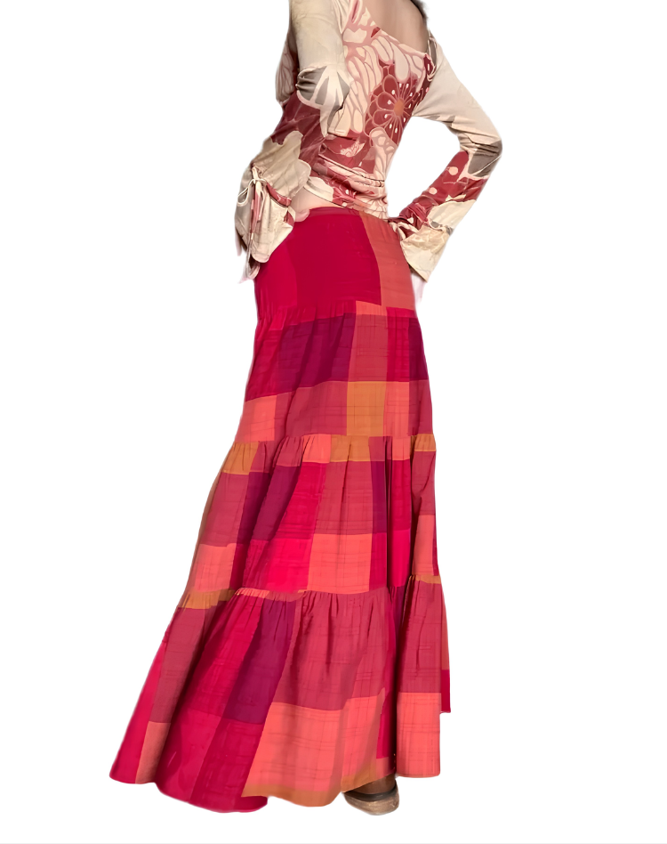 Pleated Multicolored Maxi Skirt Plaid Casual Wear