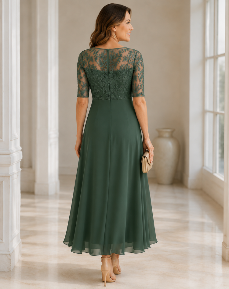 Flowy Lace Sleeve Midi Dress Bodice Wedding Guest