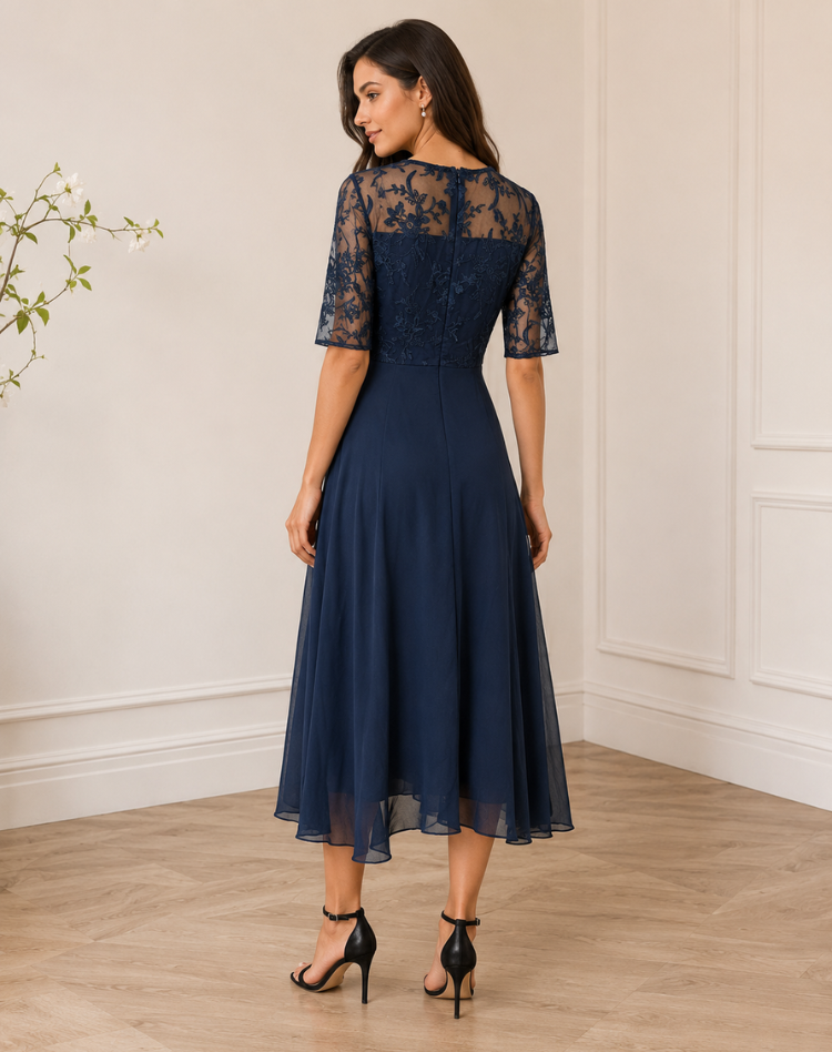 Flowy Lace Sleeve Midi Dress Bodice Wedding Guest