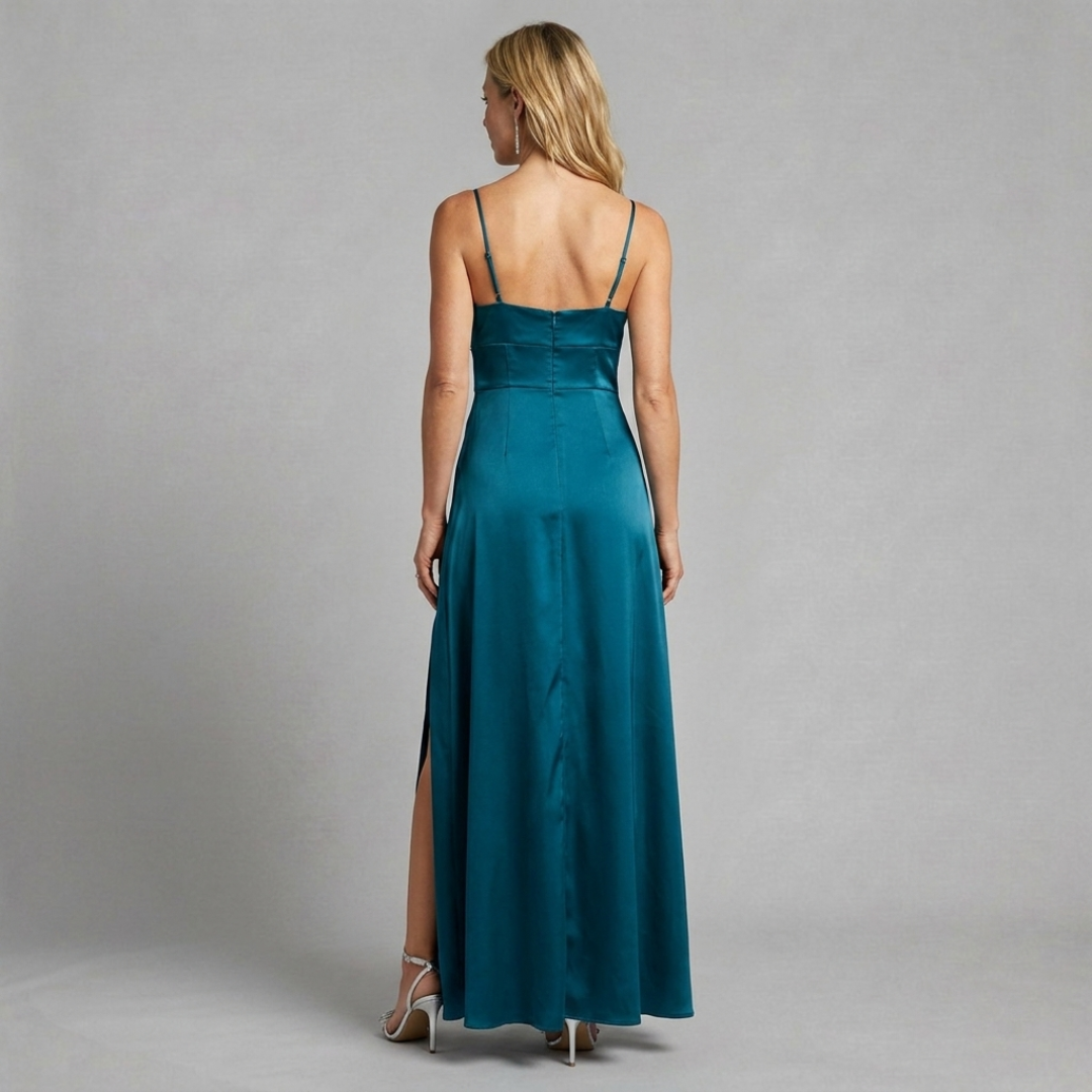 Draped Neckline Satin Maxi Dress