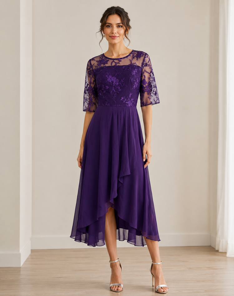 Flowy Lace Sleeve Midi Dress Bodice Wedding Guest