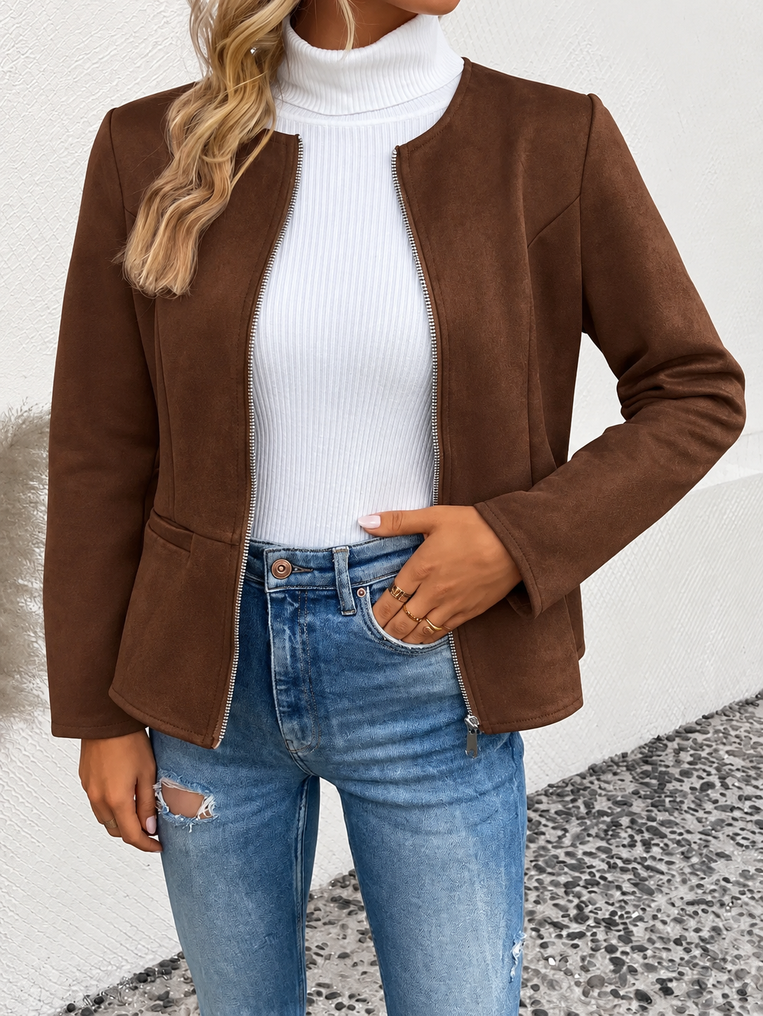 Women's Fitted Jacket with Zipper Closure and Zip Up Style – Dark Brown