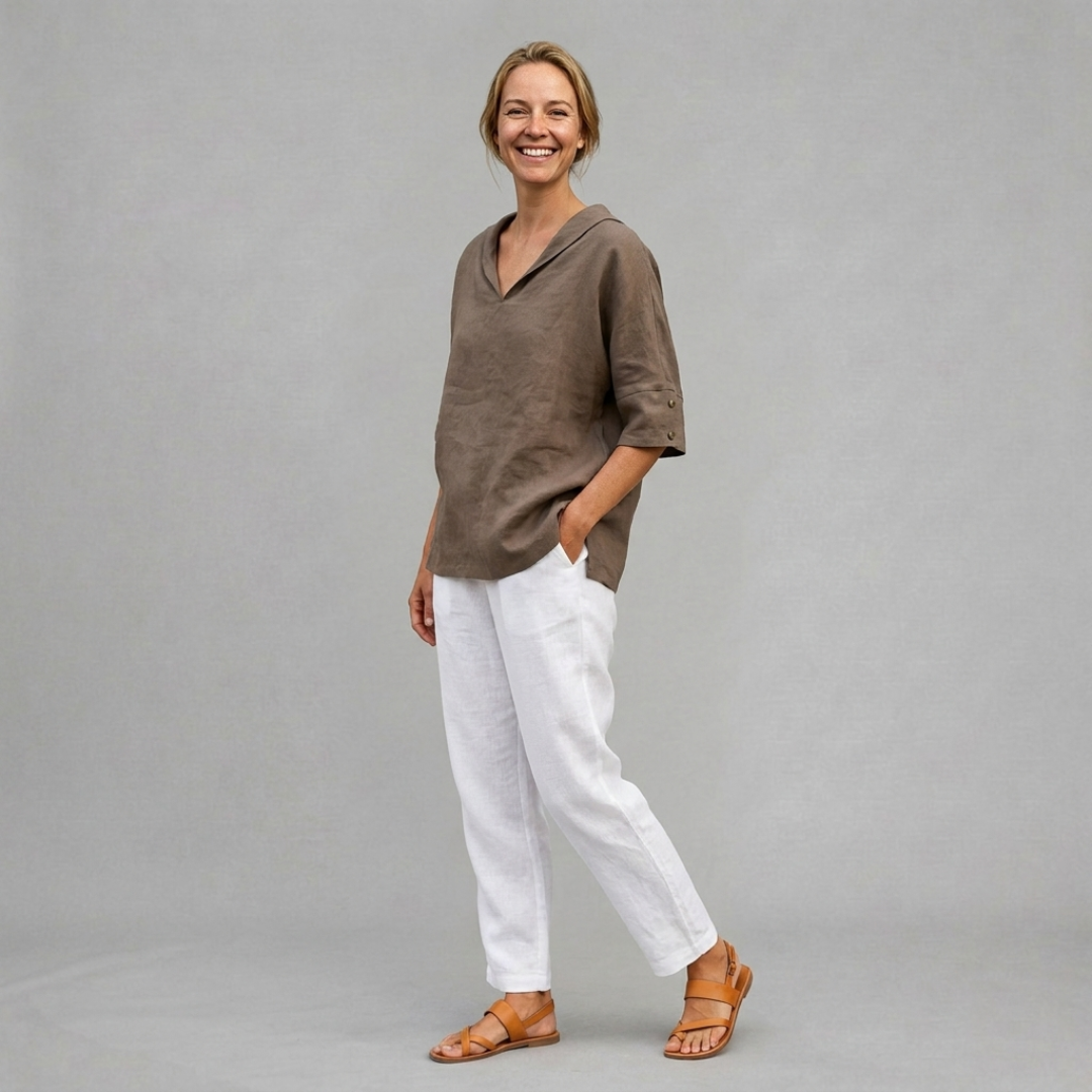 Linen Blouse with Soft V-Neck Collar