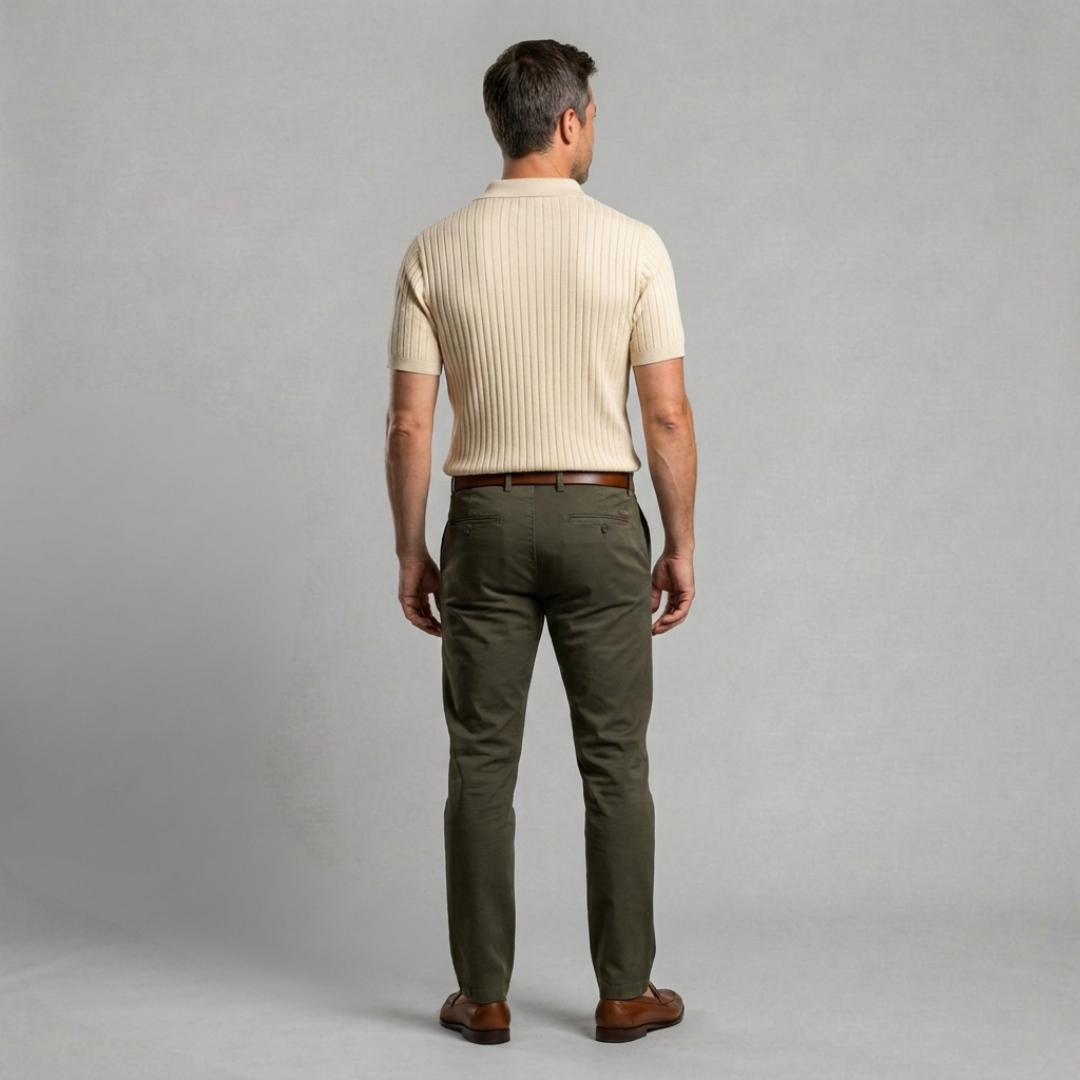 Ribbed Knit Polo with Open Collar