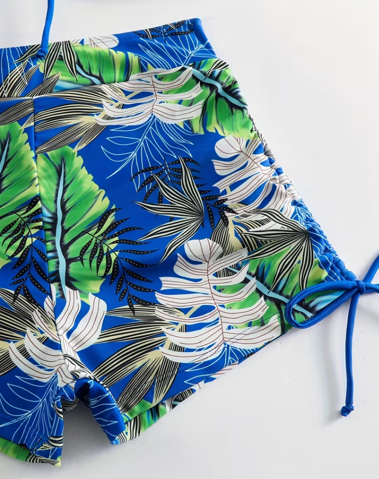 High-Waisted Floral Print Bikini Bohemian Style Beachwear Drawstring