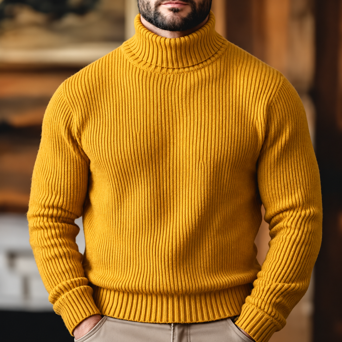 Men's Ribbed Turtleneck Sweater for Warmth and Versatility – Yellow