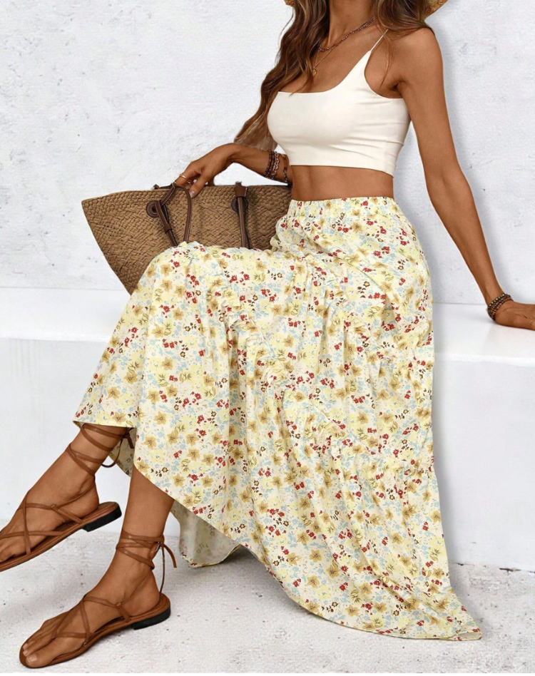 Airy High Waist Maxi Skirt Rayon Bohemian Casual Wear Tiered Ruffle Breathable Lightweight Summer