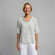 Linen Blouse with Soft V-Neck Collar