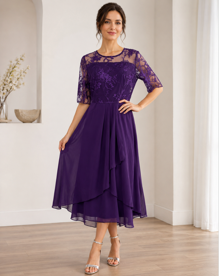 Flowy Lace Sleeve Midi Dress Bodice Wedding Guest