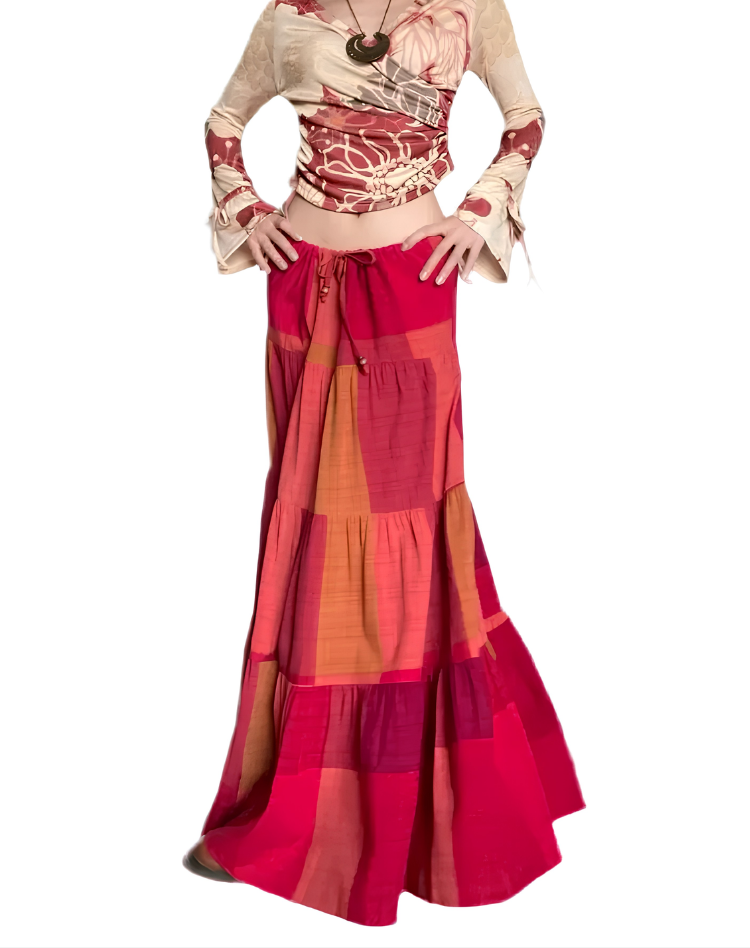 Pleated Multicolored Maxi Skirt Plaid Casual Wear
