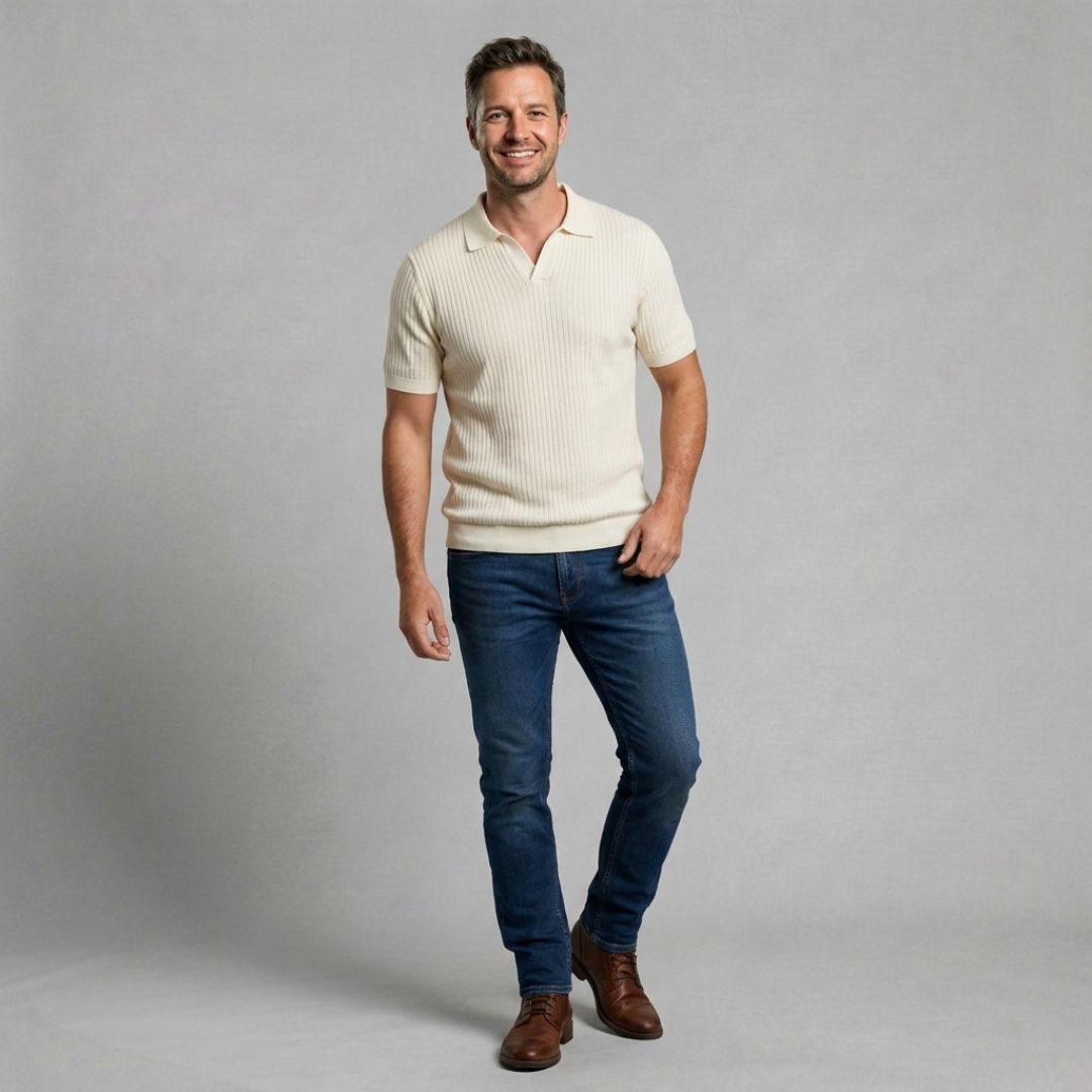 Ribbed Knit Polo with Open Collar