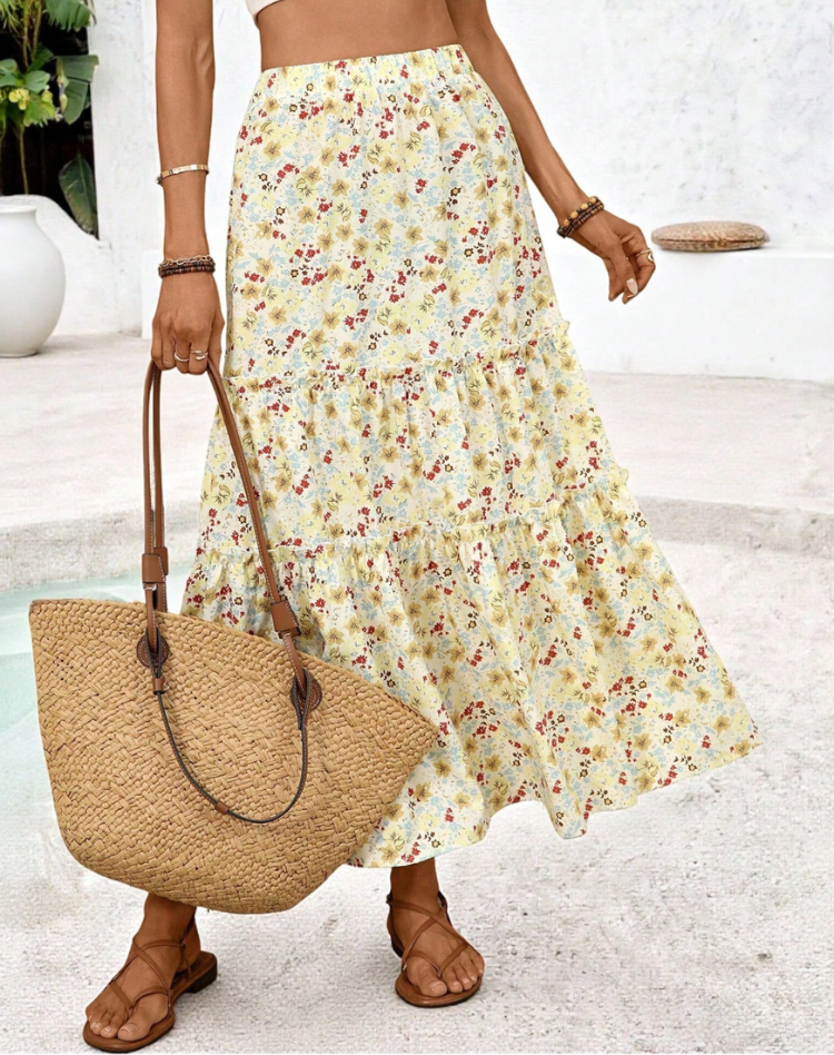 Airy High Waist Maxi Skirt Rayon Bohemian Casual Wear Tiered Ruffle Breathable Lightweight Summer