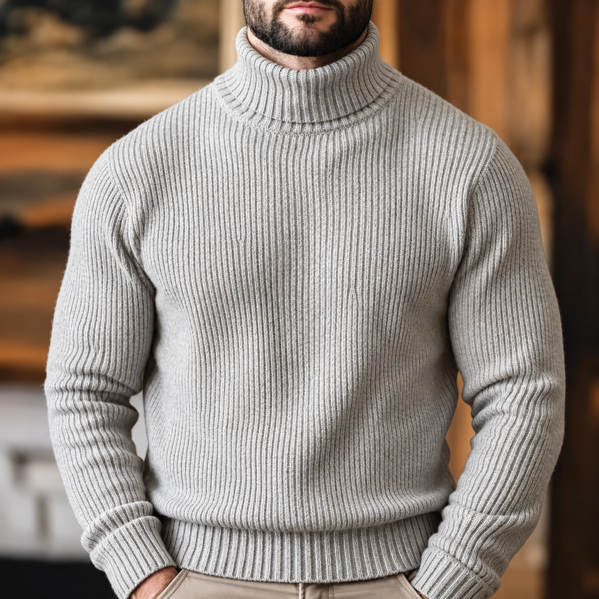 Men's Ribbed Turtleneck Sweater for Warmth and Versatility – Light Grey