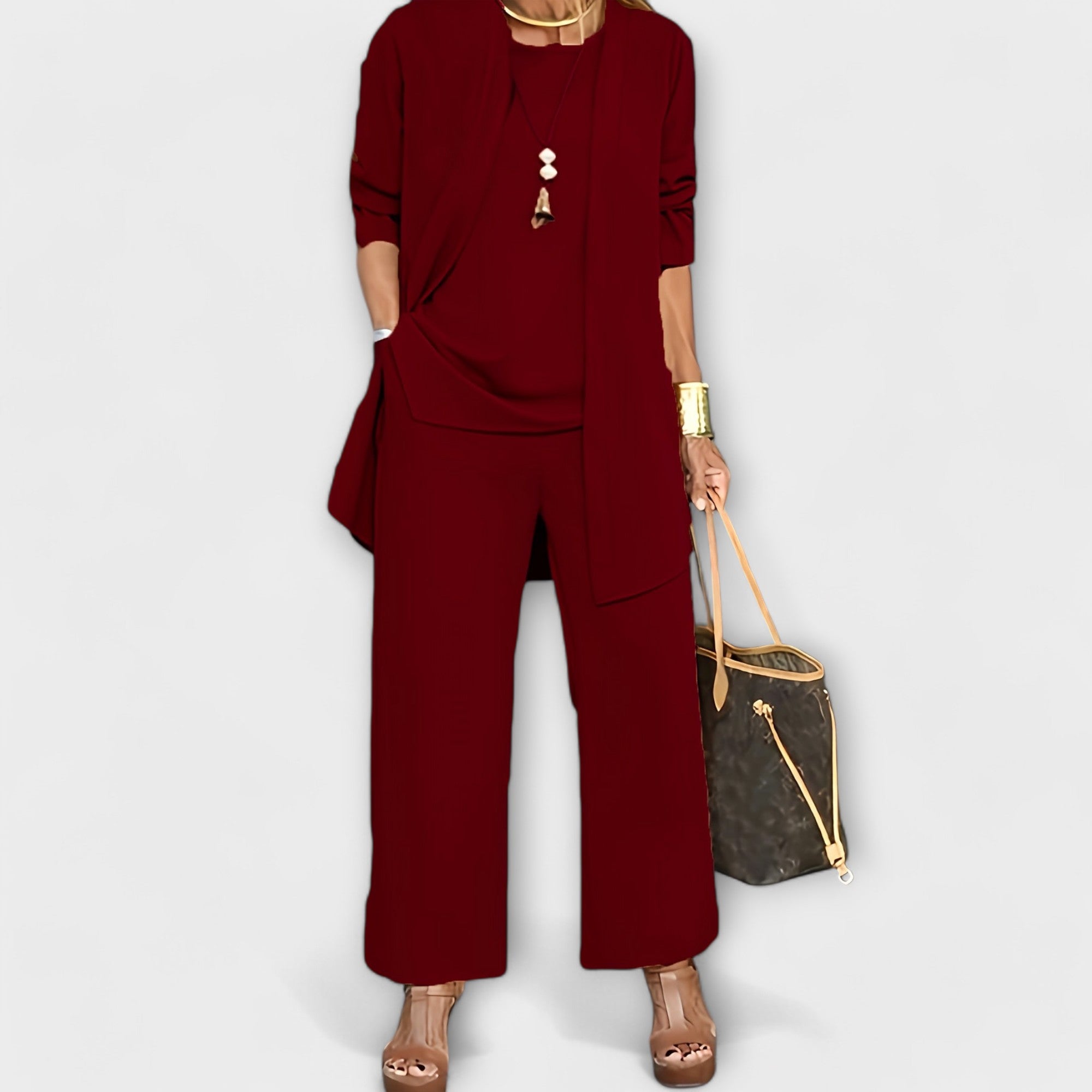 Smooth Three-Piece Set with Cardigan