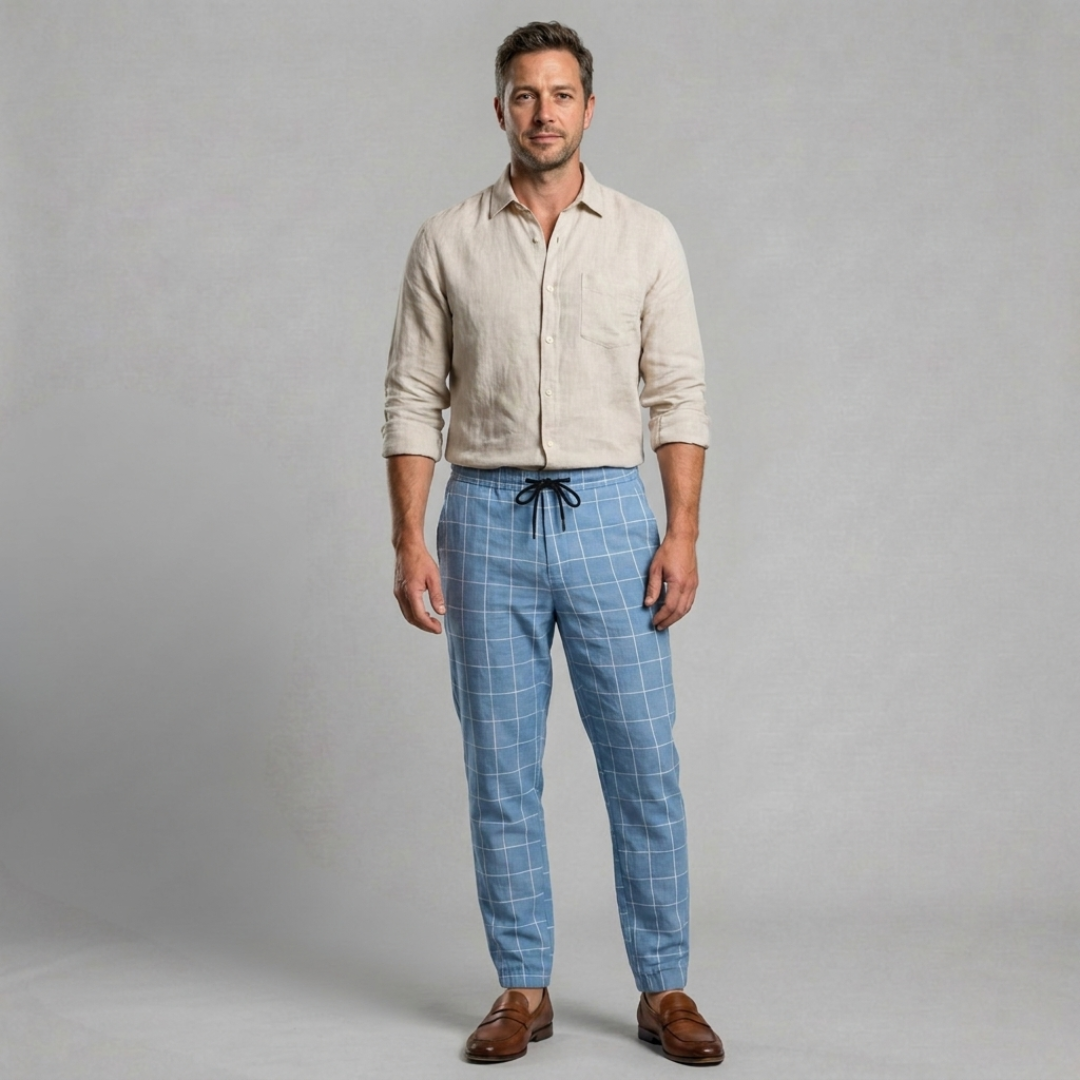 Elastic Waist Check Tapered Trousers
