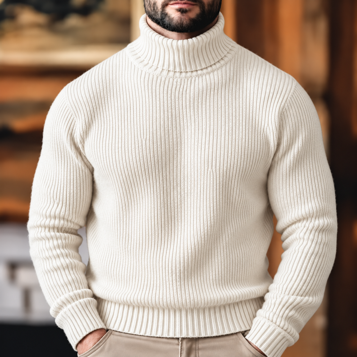 Men's Ribbed Turtleneck Sweater for Warmth and Versatility – White