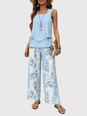 Sleeveless Blue Print Two-Piece Set Casual Wear Summer