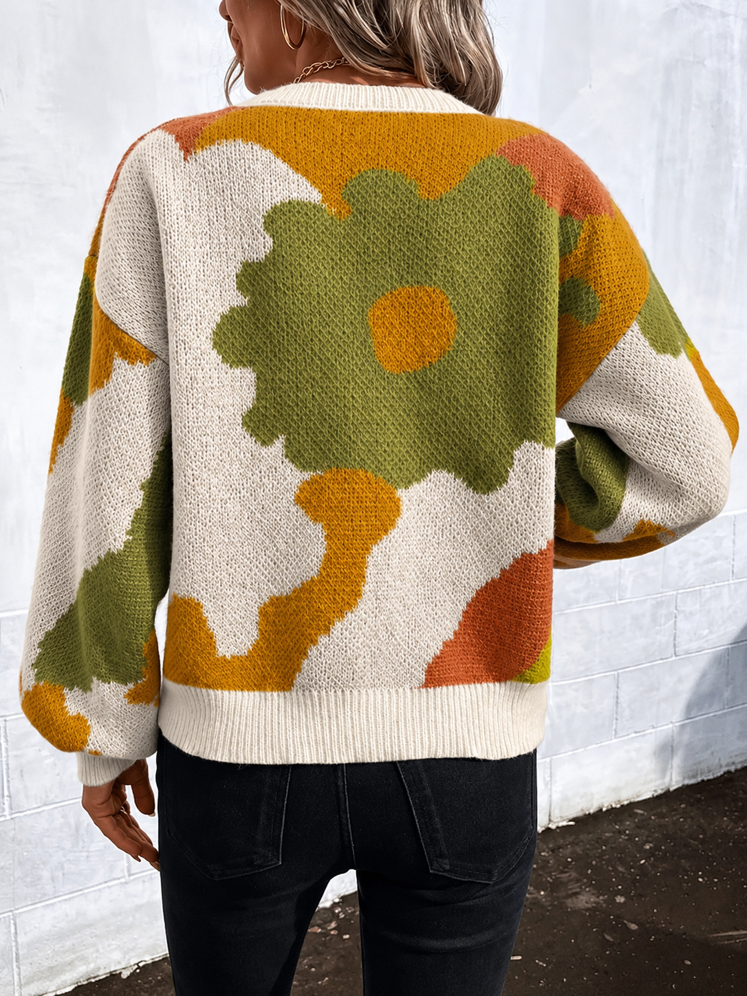 Women's Abstract Floral Knit Sweater with Ribbed Cuffs and Hem