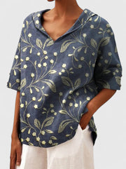 Floral V-Neck Linen Top Design Casual Wear