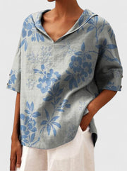 Floral V-Neck Linen Top Design Casual Wear