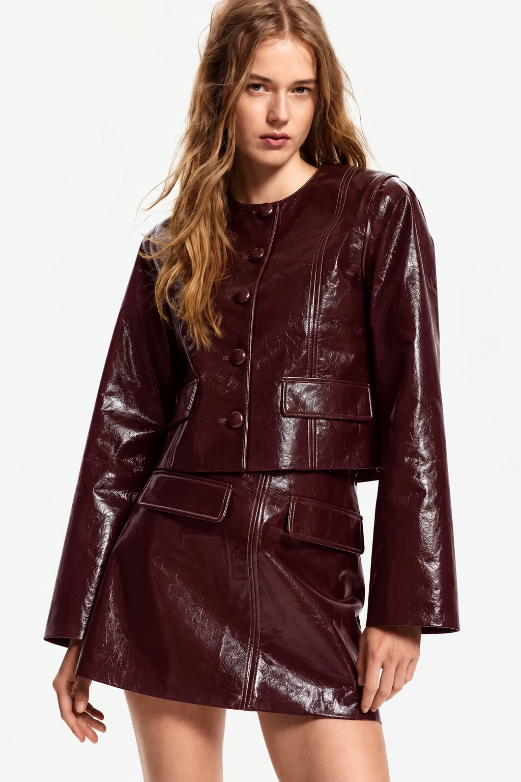Coated Jacket and A-Line Skirt Set Finish Autumn Winter Wear