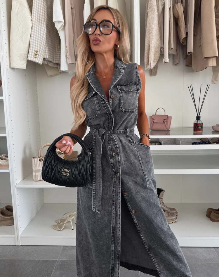 Women's Cocktail Denim Midi Dress with Belt