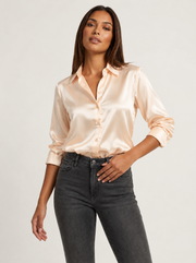 Women's Satin Button-Down Shirt with Classic Collar and Cuffed Sleeves