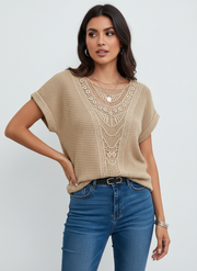 Lace Detail Round Neck Top Cute Summer Wear