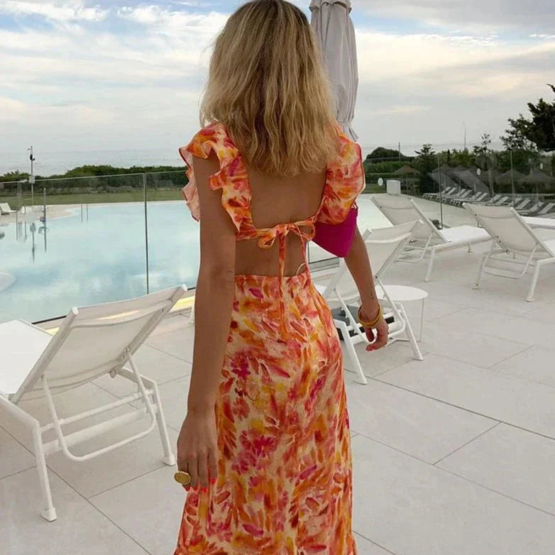 Floral Print Maxi Dress with Plunging V-Neck Wedding Guest