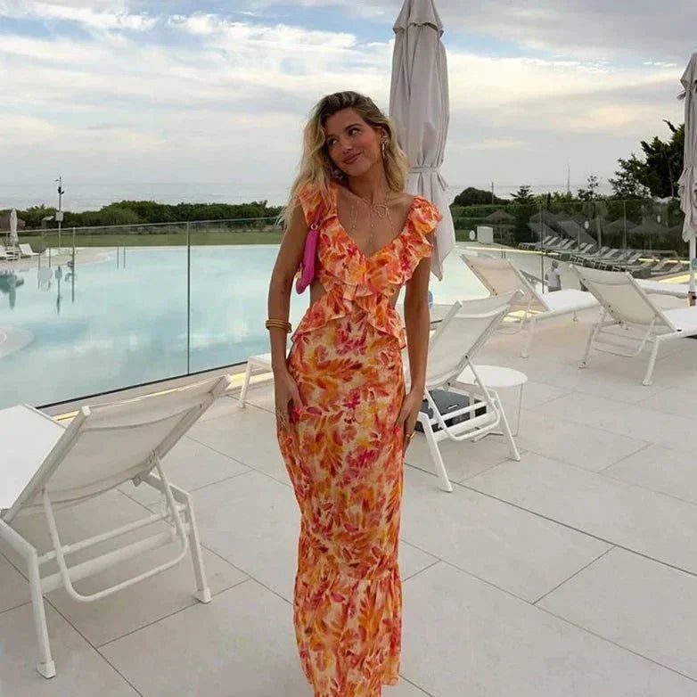 Floral Print Maxi Dress with Plunging V-Neck Wedding Guest