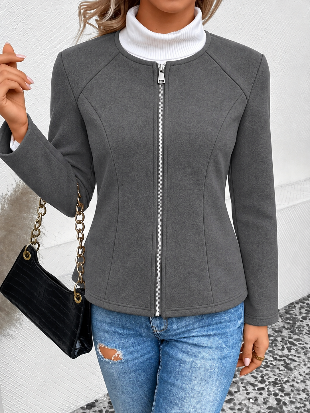Women's Fitted Jacket with Zipper Closure and Zip Up Style