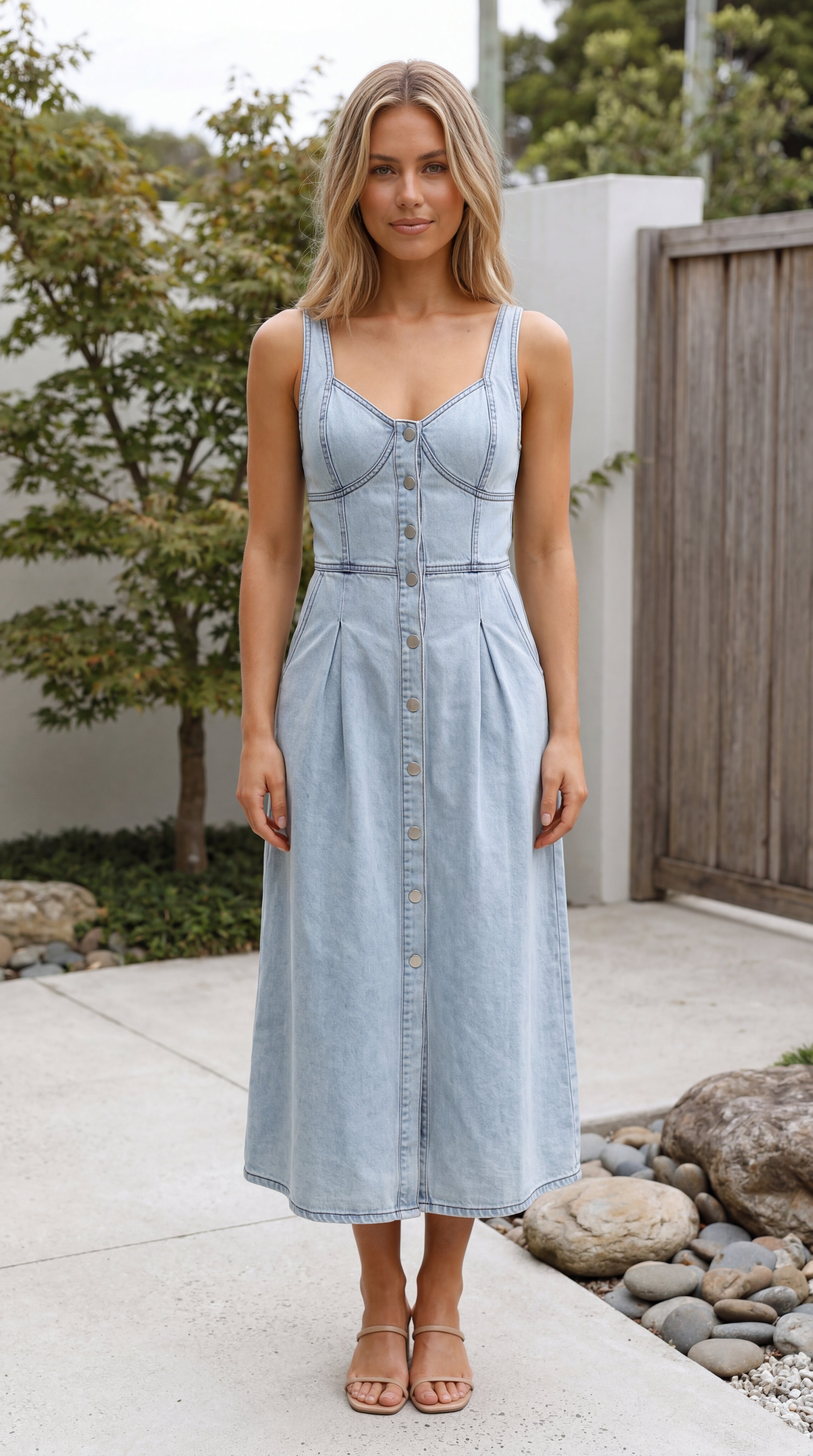 Button-Up Sleeveless Denim Midi Dress
