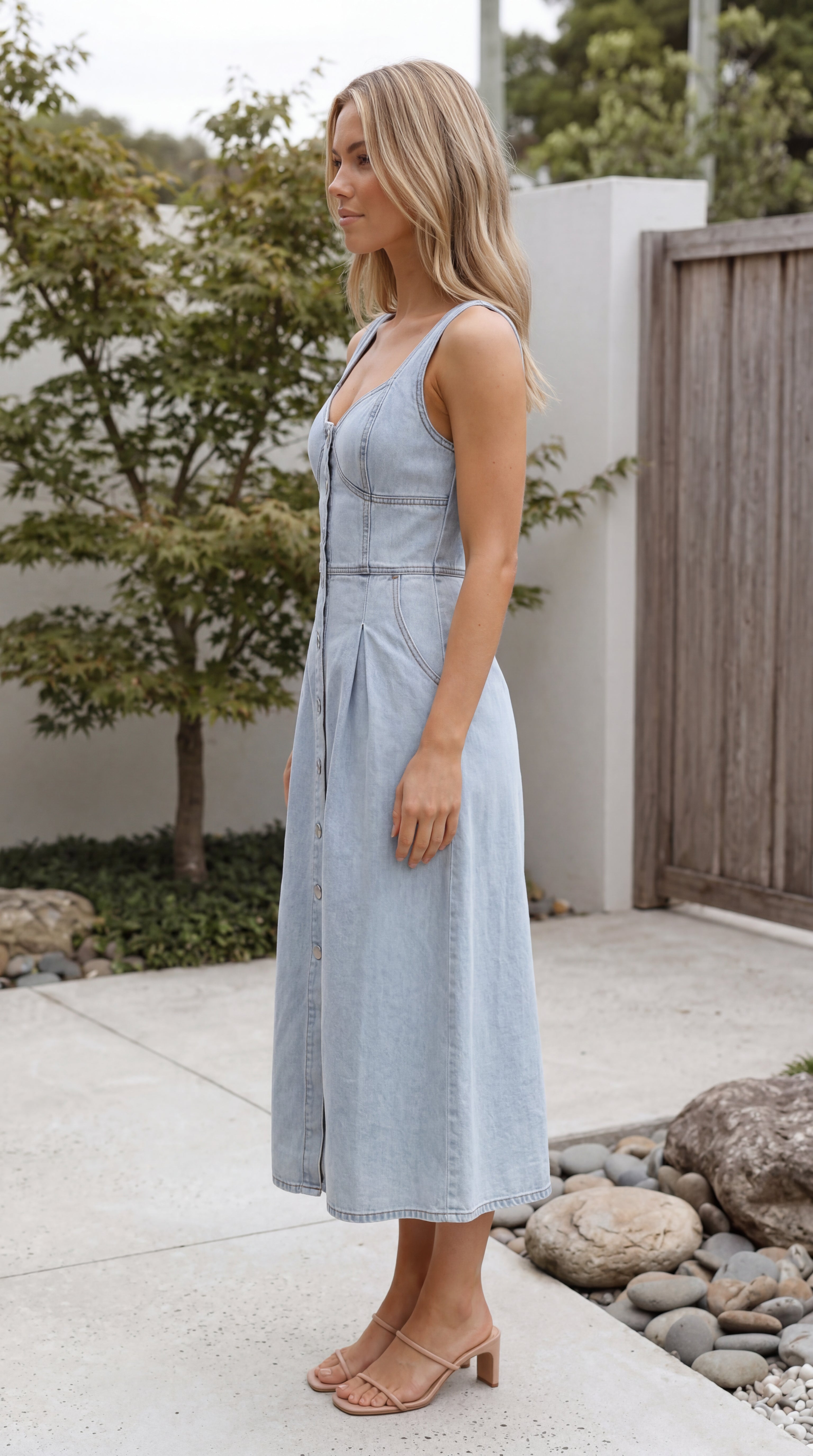 Button-Up Sleeveless Denim Midi Dress
