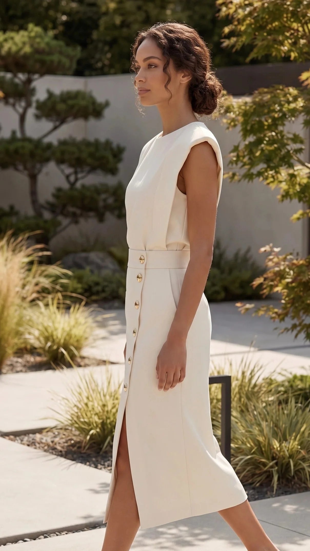 Crew Neck Shoulder Pad Midi Dress