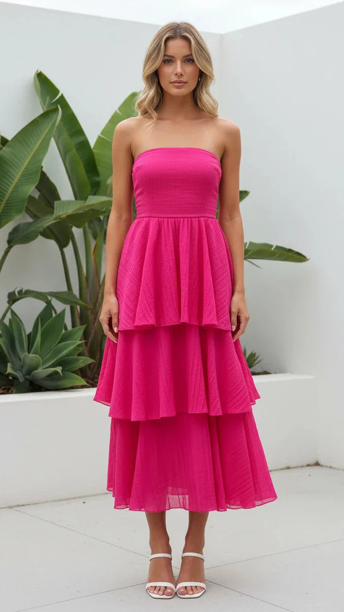 Strapless Maxi Dress with Tiered Skirt Wedding Guest Attire