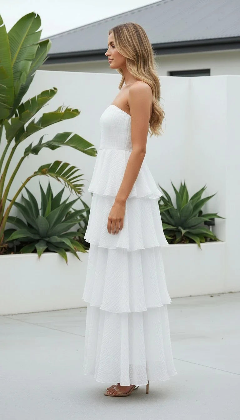 Strapless Maxi Dress with Tiered Skirt Wedding Guest Attire