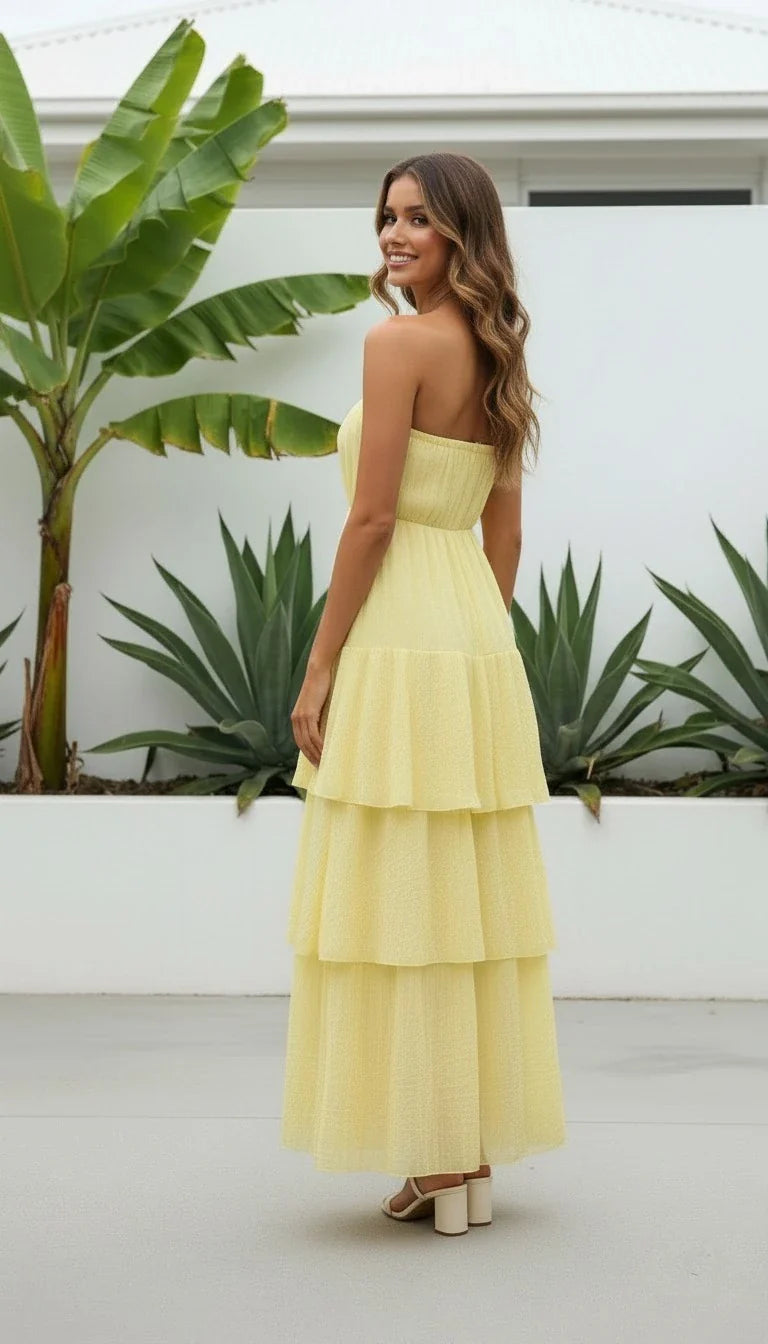 Strapless Maxi Dress with Tiered Skirt Wedding Guest Attire